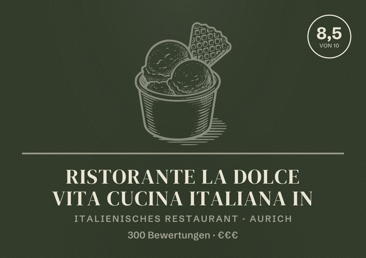 Illustriertes Poster von Ristorante La Dolce Vita cucina italiana in, Italienisches Restaurant in Aurich: Bewertung 8,5 von 10 aus 300 Bewertungen, Preisniveau €€€