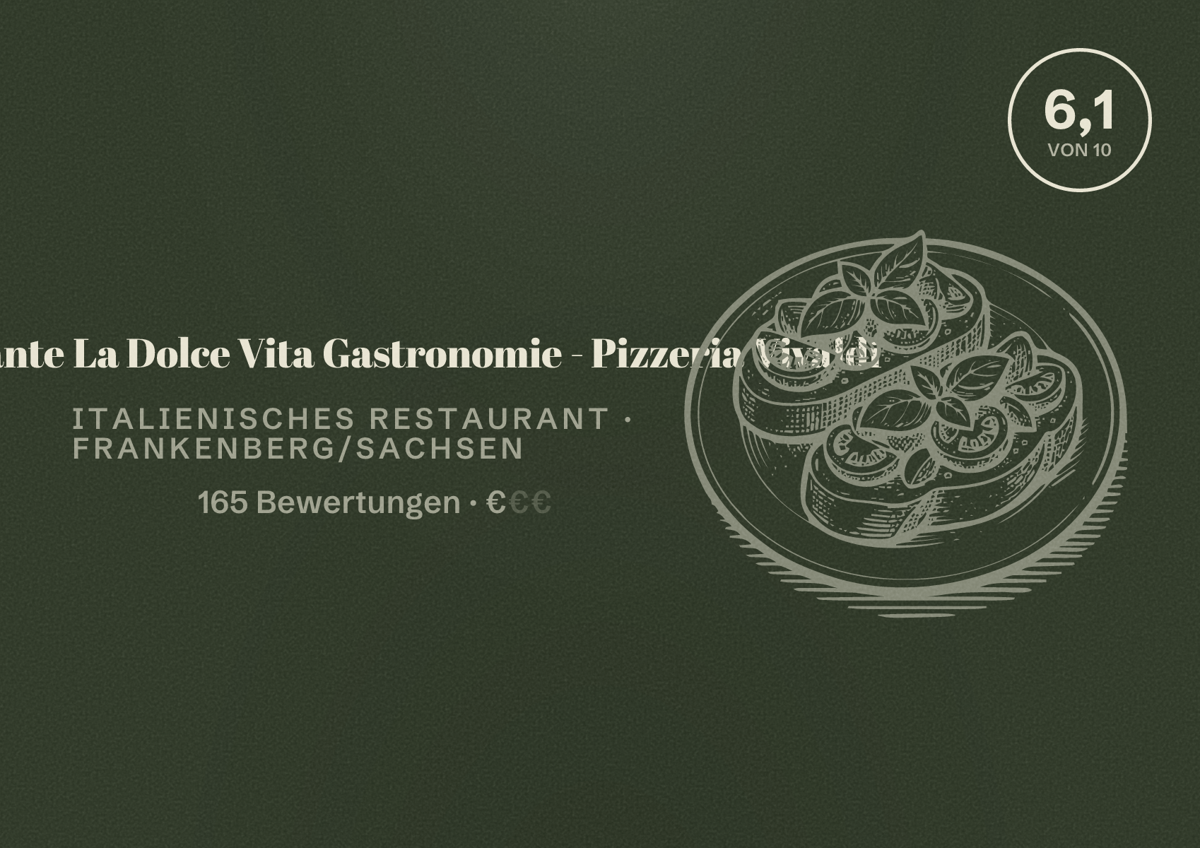 Illustriertes Poster von Ristorante La Dolce Vita Gastronomie - Pizzeria Vivaldi, Italienisches Restaurant in Frankenberg/Sachsen: Bewertung 6,1 von 10 aus 165 Bewertungen, Preisniveau €
