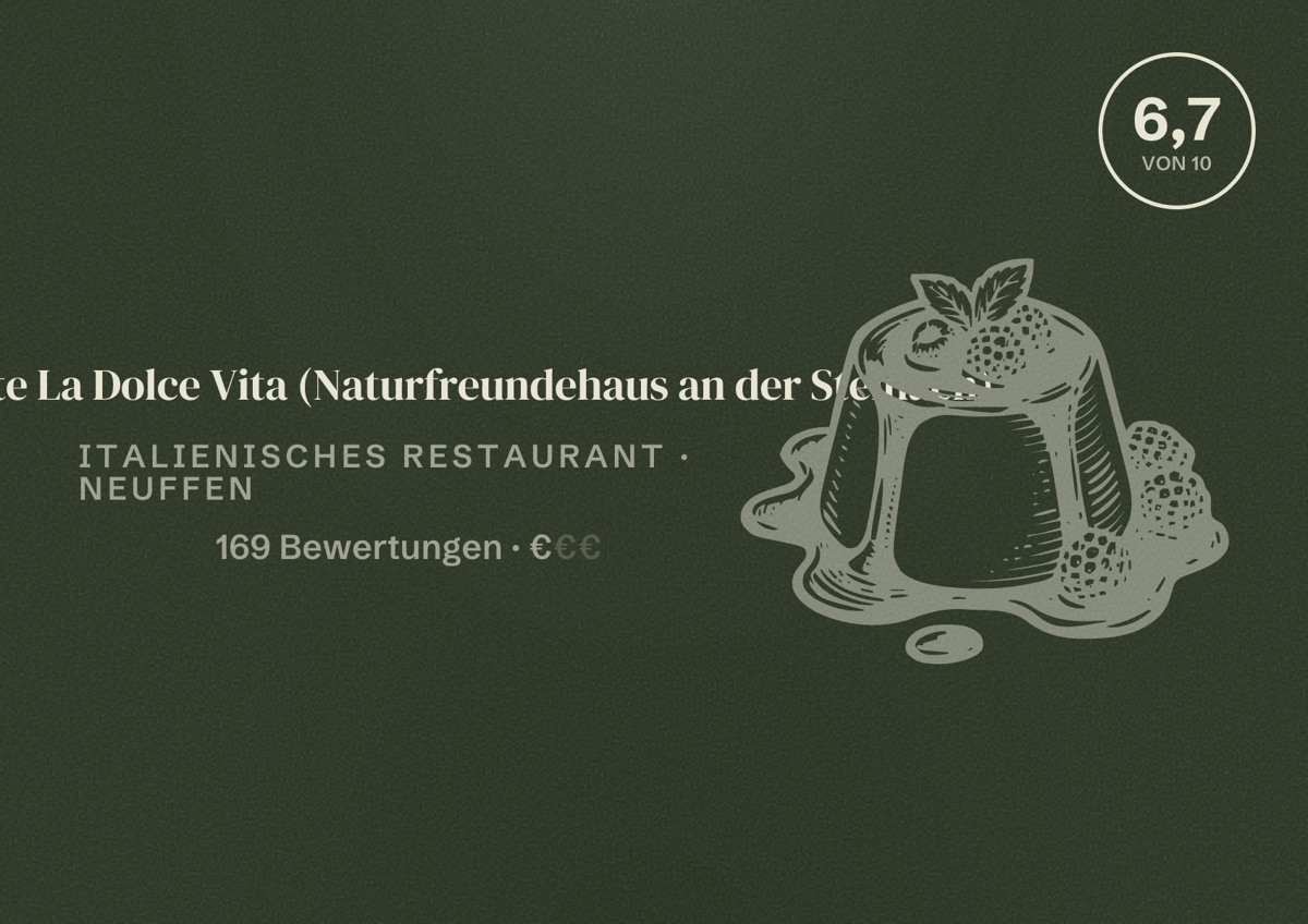 Illustriertes Poster von Ristorante La Dolce Vita (Naturfreundehaus an der Steinach), Italienisches Restaurant in Neuffen: Bewertung 6,7 von 10 aus 169 Bewertungen, Preisniveau €