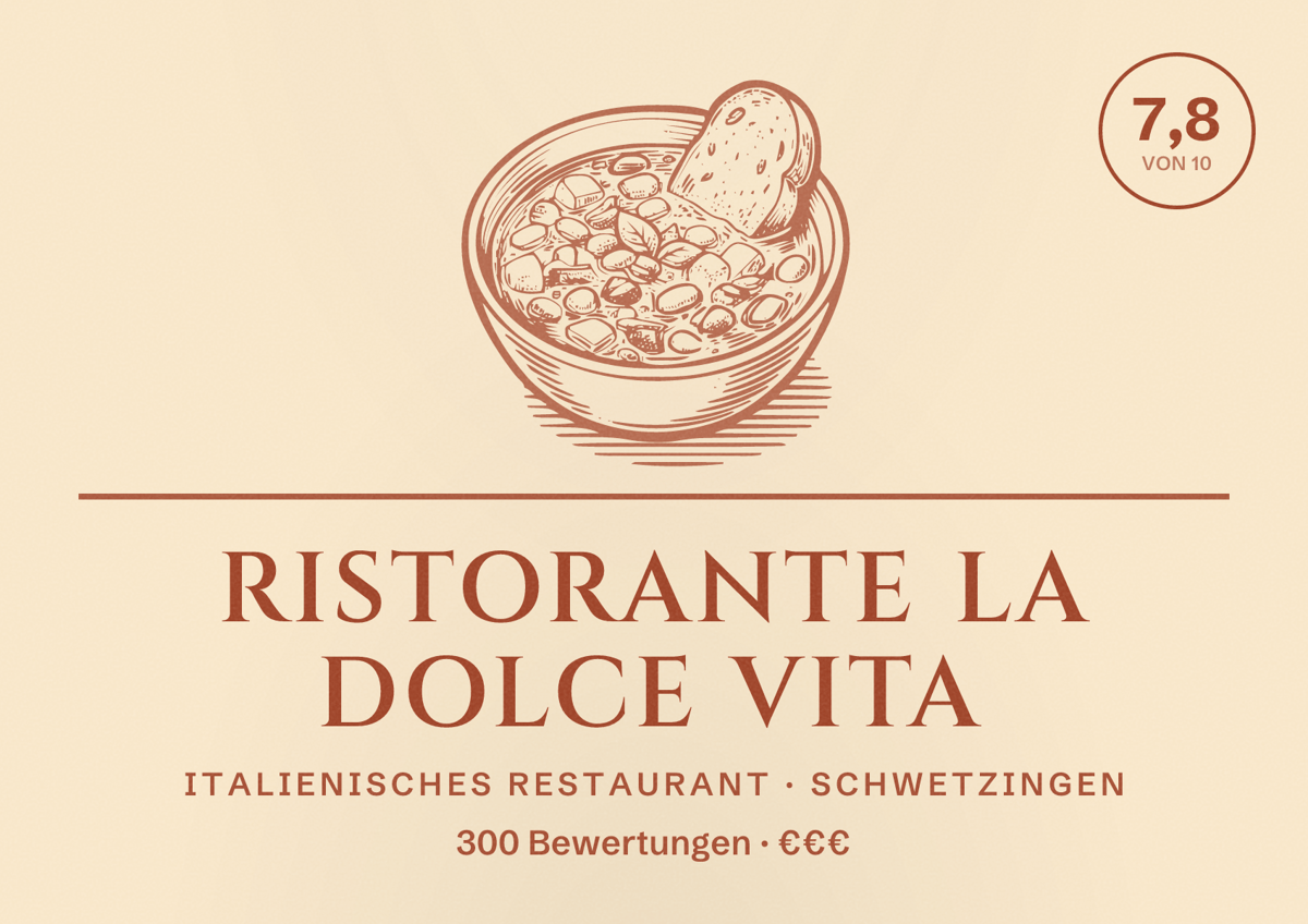 Illustriertes Poster von Ristorante La Dolce Vita, Italienisches Restaurant in Schwetzingen: Bewertung 7,8 von 10 aus 300 Bewertungen, Preisniveau €€€