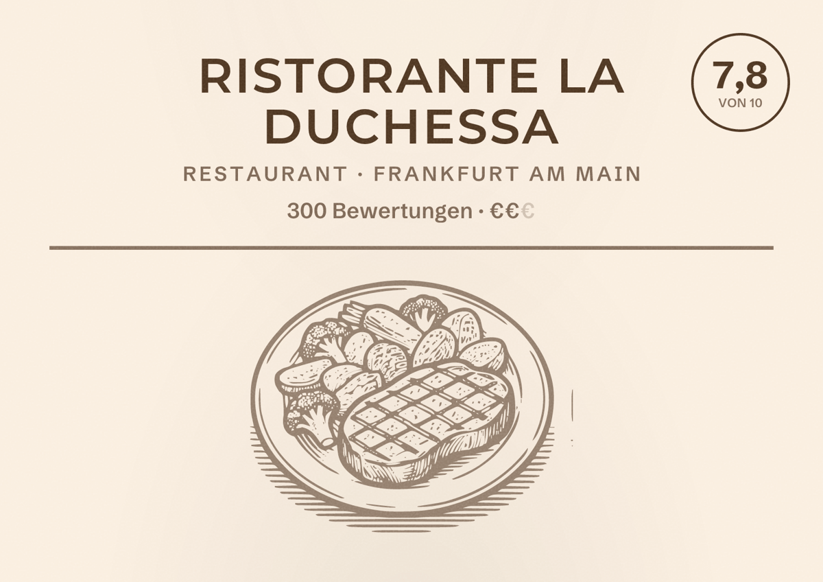 Illustriertes Poster von Ristorante La Duchessa, Restaurant in Frankfurt am Main: Bewertung 7,8 von 10 aus 300 Bewertungen, Preisniveau €€