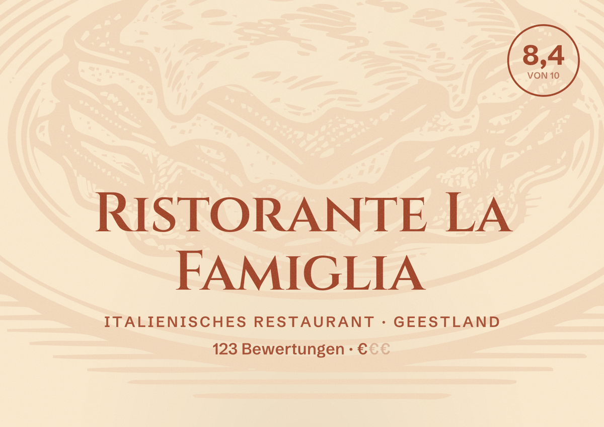 Illustriertes Poster von Ristorante La Famiglia, Italienisches Restaurant in Geestland: Bewertung 8,4 von 10 aus 123 Bewertungen, Preisniveau €