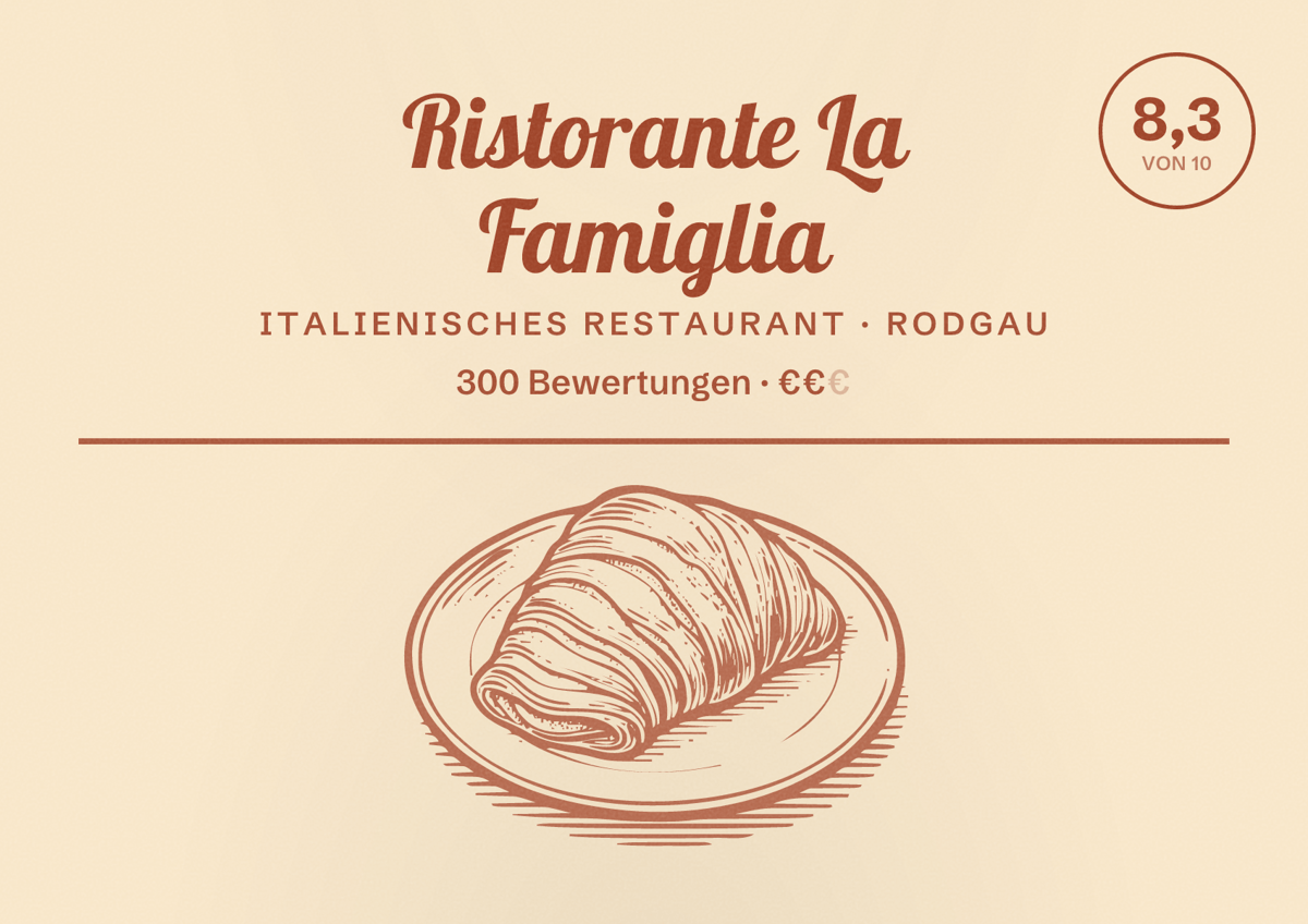 Illustriertes Poster von Ristorante La Famiglia, Italienisches Restaurant in Rodgau: Bewertung 8,3 von 10 aus 300 Bewertungen, Preisniveau €€