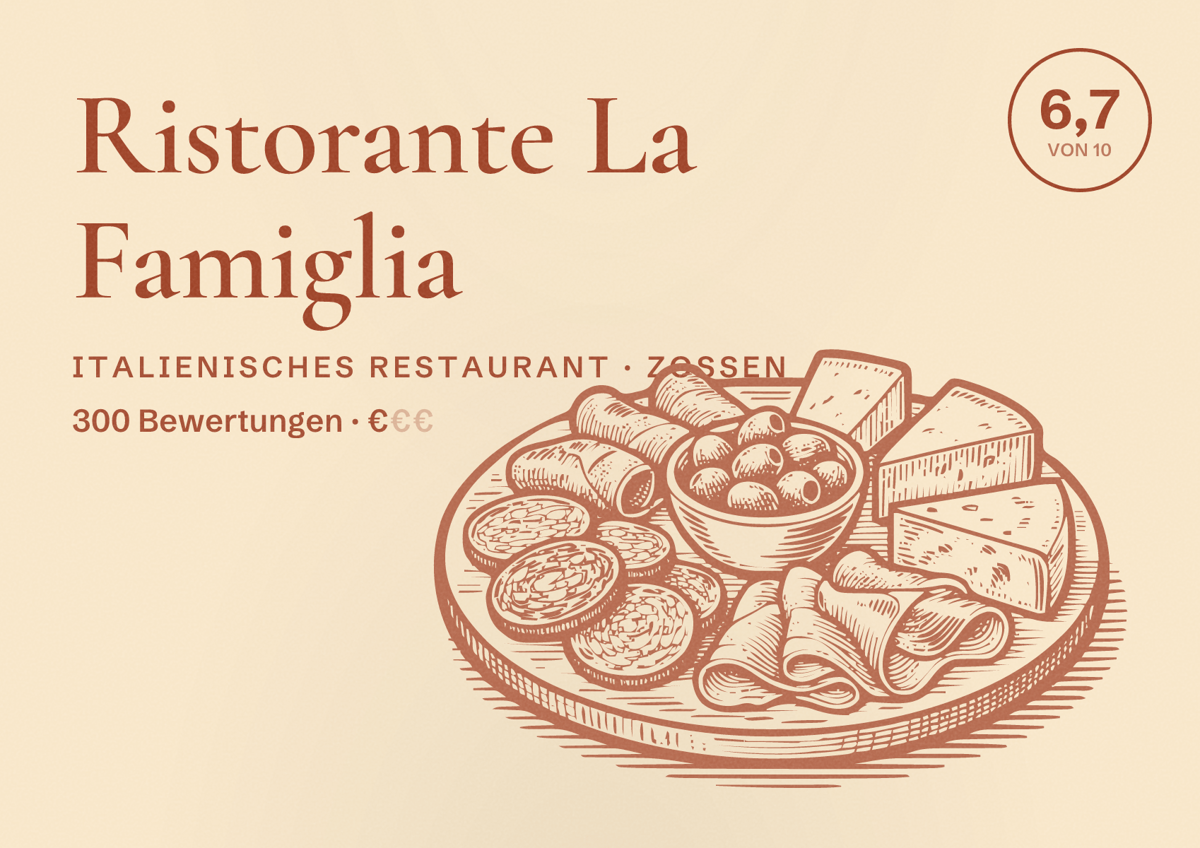 Illustriertes Poster von Ristorante La Famiglia, Italienisches Restaurant in Zossen: Bewertung 6,7 von 10 aus 300 Bewertungen, Preisniveau €