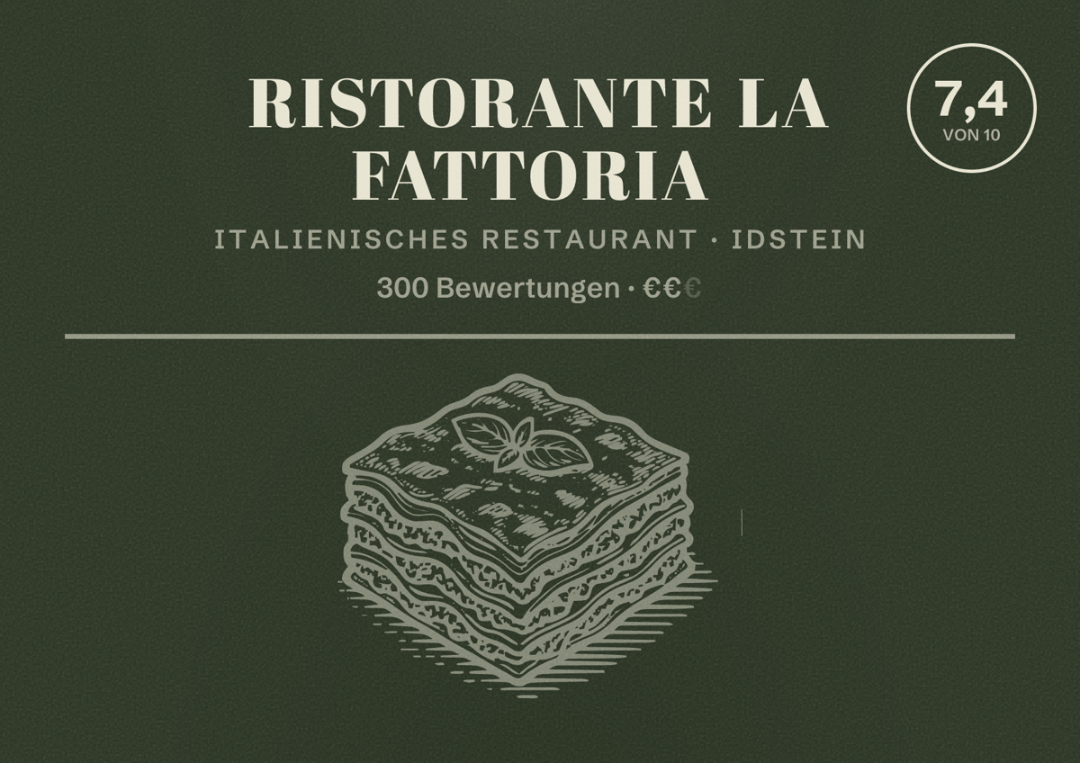 Illustriertes Poster von Ristorante La Fattoria, Italienisches Restaurant in Idstein: Bewertung 7,4 von 10 aus 300 Bewertungen, Preisniveau €€
