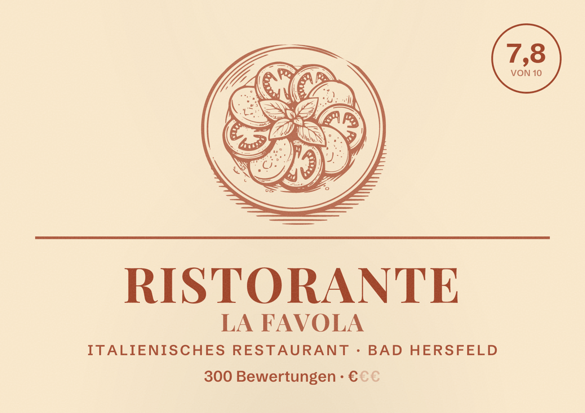 Illustriertes Poster von Ristorante La Favola, Italienisches Restaurant in Bad Hersfeld: Bewertung 7,8 von 10 aus 300 Bewertungen, Preisniveau €