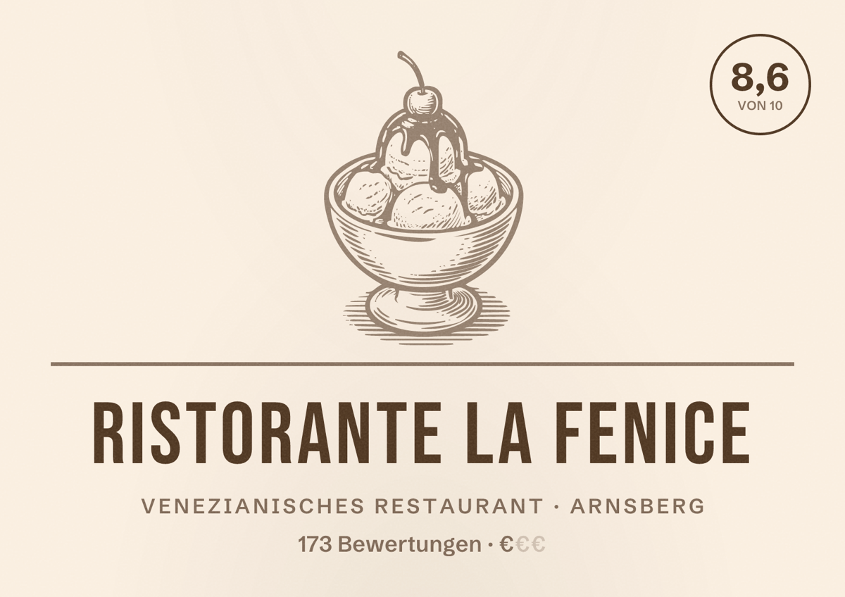 Illustriertes Poster von Ristorante La Fenice, Venezianisches Restaurant in Arnsberg: Bewertung 8,6 von 10 aus 173 Bewertungen, Preisniveau €