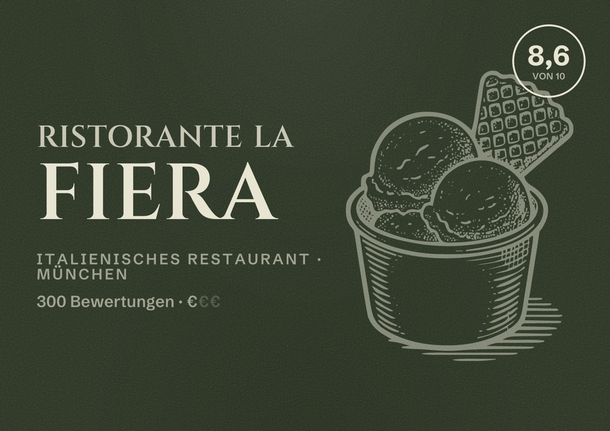 Illustriertes Poster von Ristorante La Fiera, Italienisches Restaurant in München: Bewertung 8,6 von 10 aus 300 Bewertungen, Preisniveau €