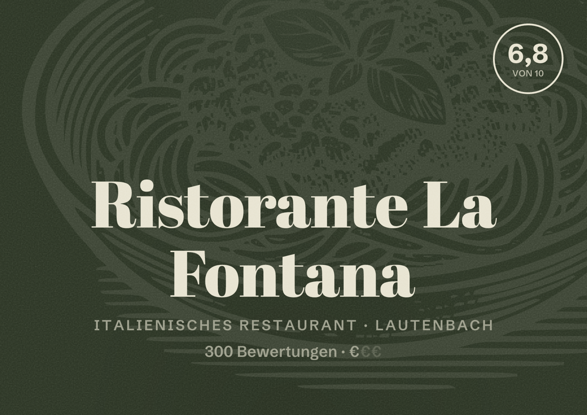 Illustriertes Poster von Ristorante La Fontana, Italienisches Restaurant in Lautenbach: Bewertung 6,8 von 10 aus 300 Bewertungen, Preisniveau €