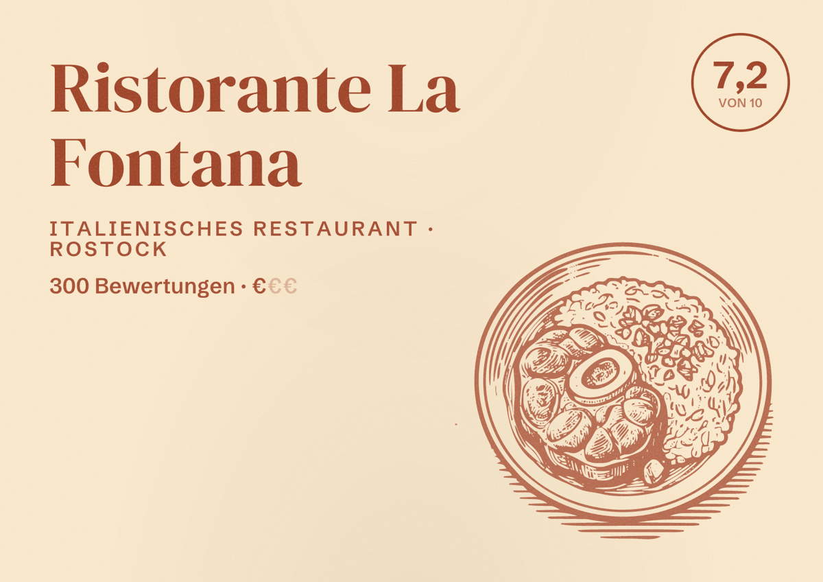 Illustriertes Poster von Ristorante La Fontana, Italienisches Restaurant in Rostock: Bewertung 7,2 von 10 aus 300 Bewertungen, Preisniveau €