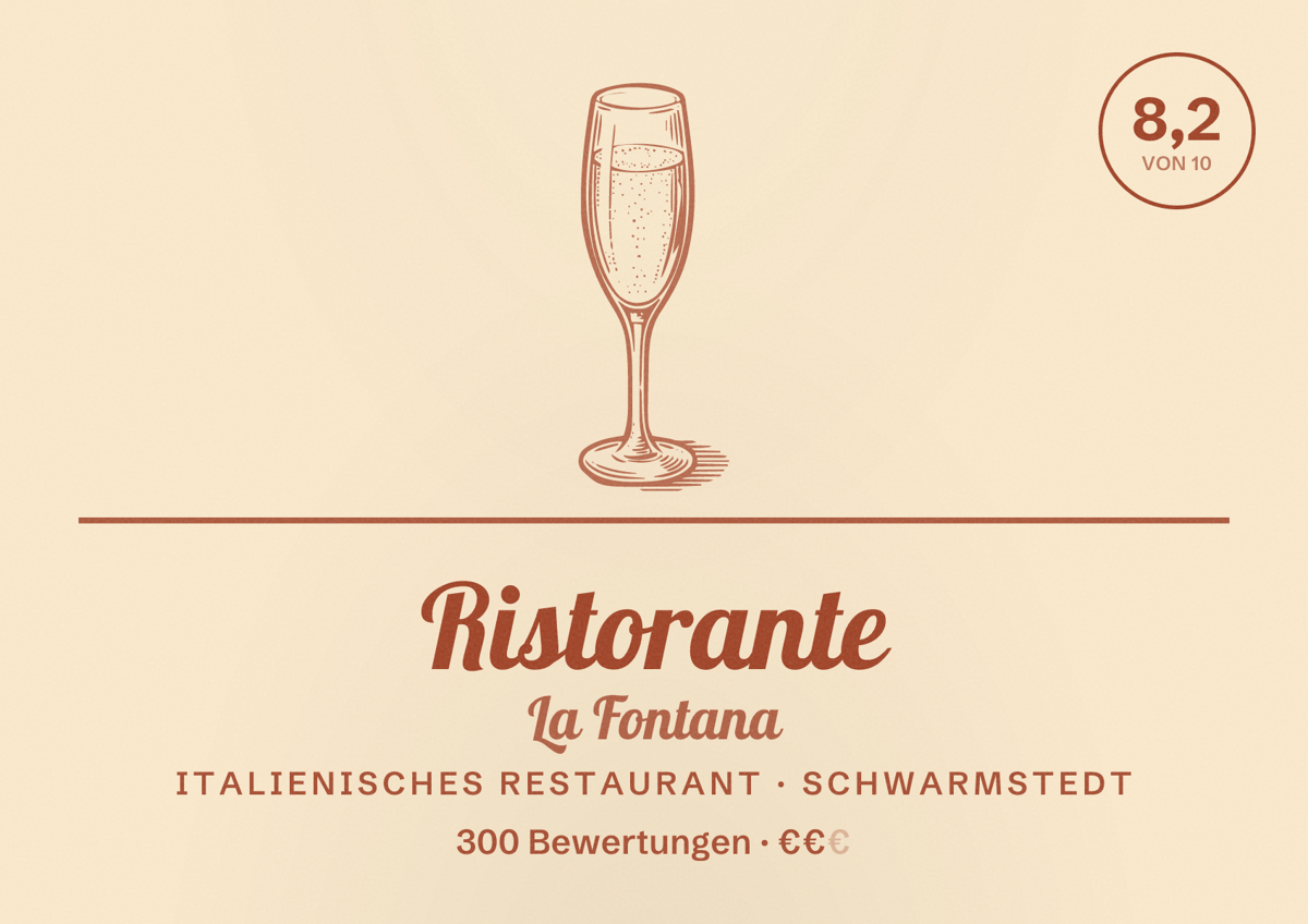 Illustriertes Poster von Ristorante La Fontana, Italienisches Restaurant in Schwarmstedt: Bewertung 8,2 von 10 aus 300 Bewertungen, Preisniveau €€