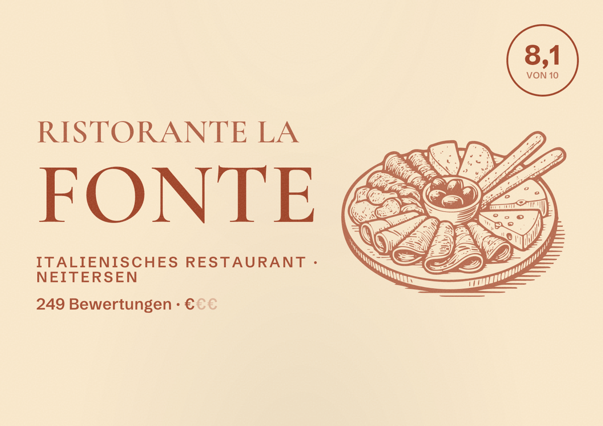 Illustriertes Poster von Ristorante La Fonte, Italienisches Restaurant in Neitersen: Bewertung 8,1 von 10 aus 249 Bewertungen, Preisniveau €