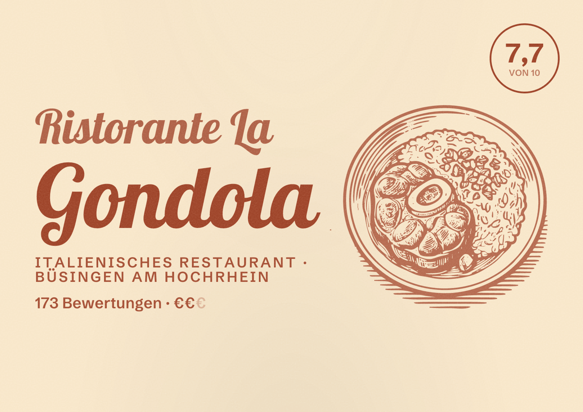 Illustriertes Poster von Ristorante La Gondola, Italienisches Restaurant in Büsingen am Hochrhein: Bewertung 7,7 von 10 aus 173 Bewertungen, Preisniveau €€