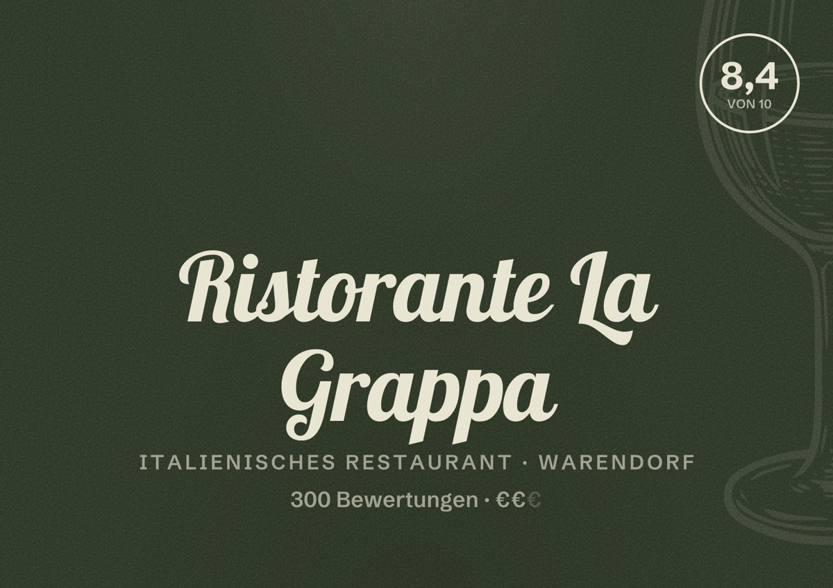 Illustriertes Poster von Ristorante La Grappa, Italienisches Restaurant in Warendorf: Bewertung 8,4 von 10 aus 300 Bewertungen, Preisniveau €€