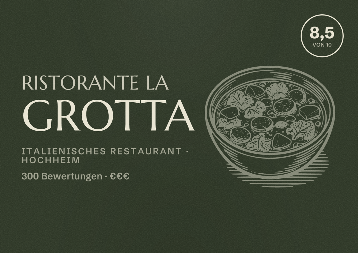 Illustriertes Poster von Ristorante La Grotta, Italienisches Restaurant in Hochheim: Bewertung 8,5 von 10 aus 300 Bewertungen, Preisniveau €€€