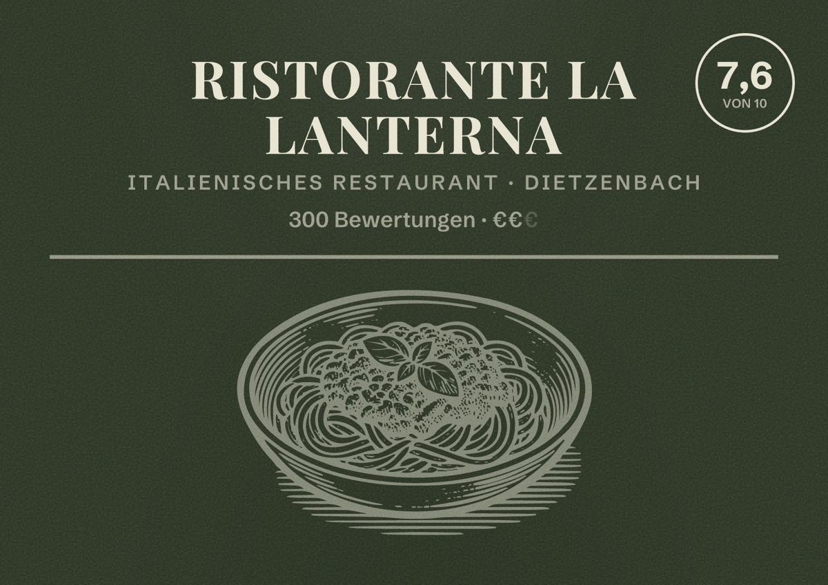 Illustriertes Poster von Ristorante La Lanterna, Italienisches Restaurant in Dietzenbach: Bewertung 7,6 von 10 aus 300 Bewertungen, Preisniveau €€
