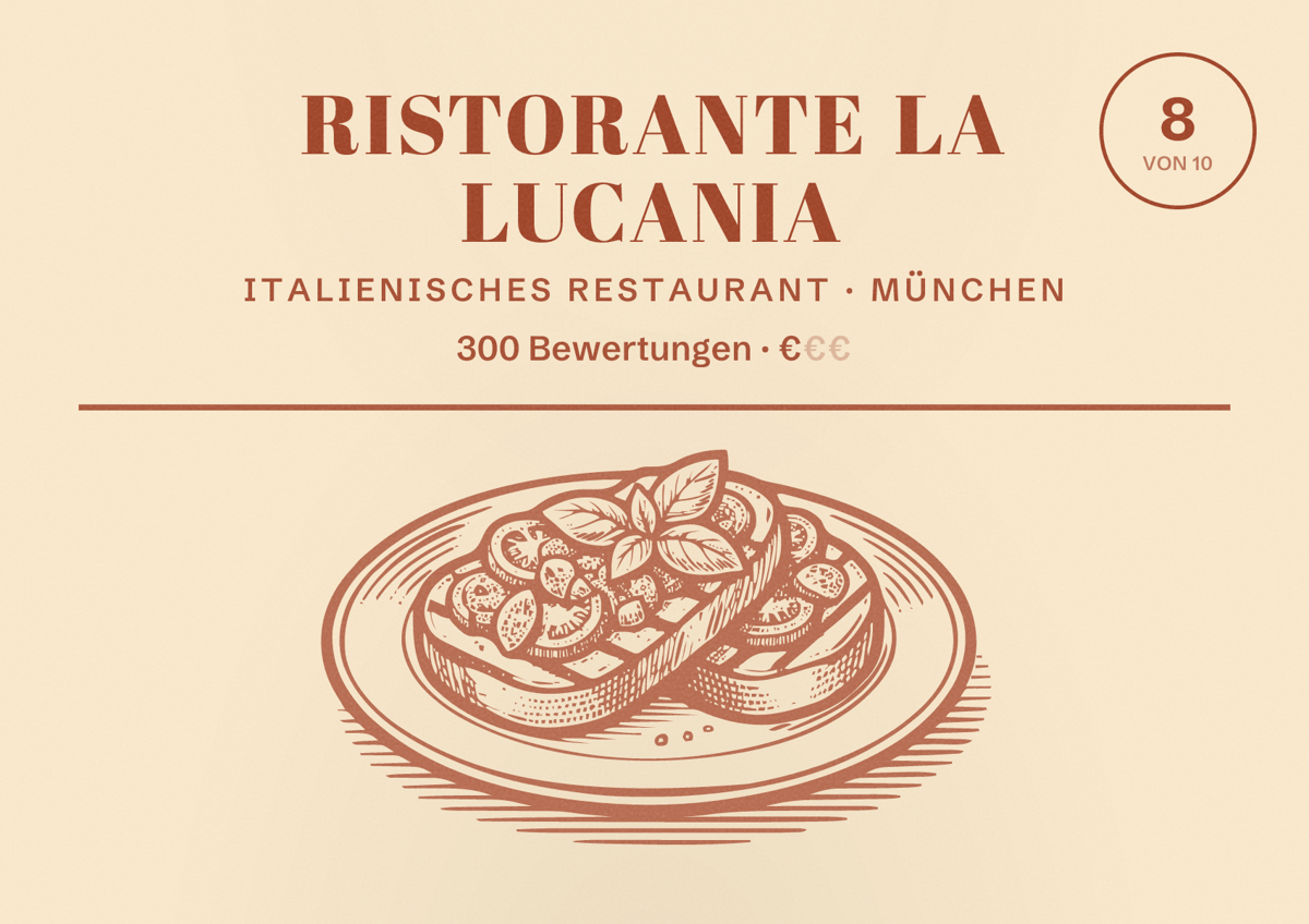 Illustriertes Poster von Ristorante La Lucania, Italienisches Restaurant in München: Bewertung 8,0 von 10 aus 300 Bewertungen, Preisniveau €