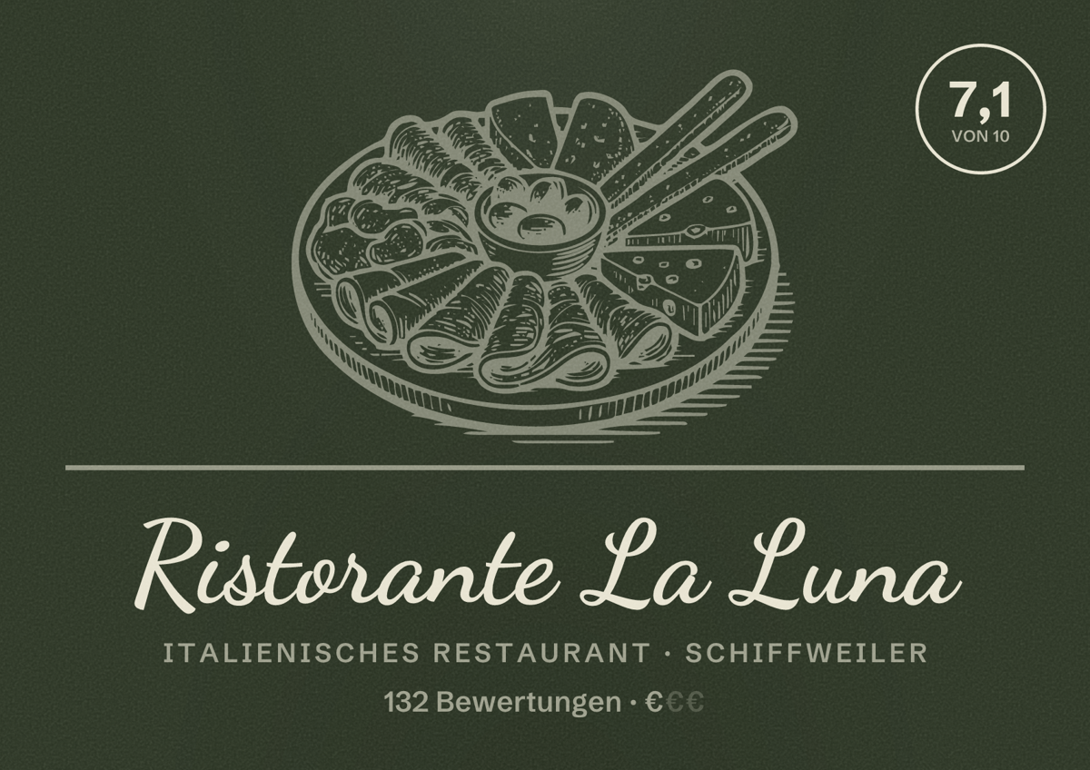 Illustriertes Poster von Ristorante La Luna, Italienisches Restaurant in Schiffweiler: Bewertung 7,1 von 10 aus 132 Bewertungen, Preisniveau €