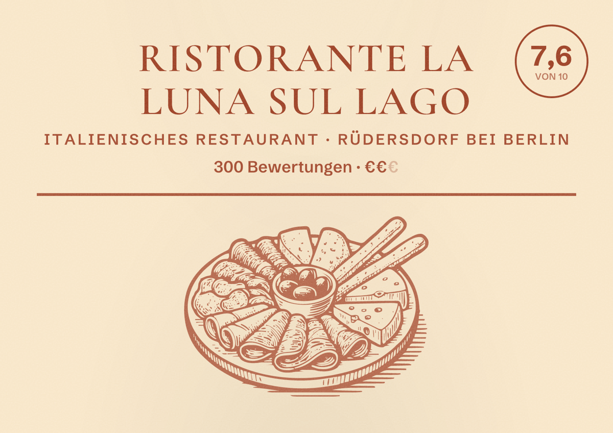 Illustriertes Poster von Ristorante La Luna Sul Lago, Italienisches Restaurant in Rüdersdorf bei Berlin: Bewertung 7,6 von 10 aus 300 Bewertungen, Preisniveau €€
