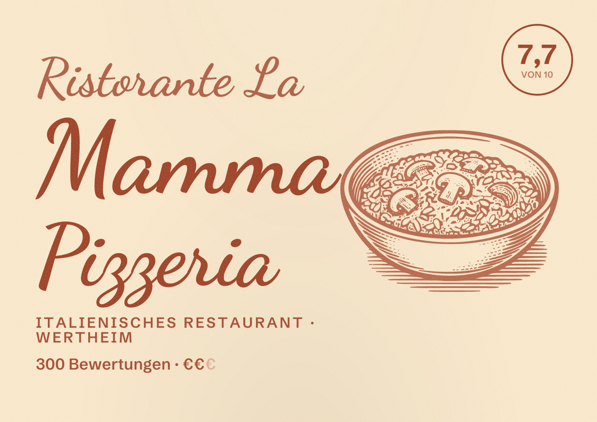 Illustriertes Poster von Ristorante La Mamma Pizzeria, Italienisches Restaurant in Wertheim: Bewertung 7,7 von 10 aus 300 Bewertungen, Preisniveau €€
