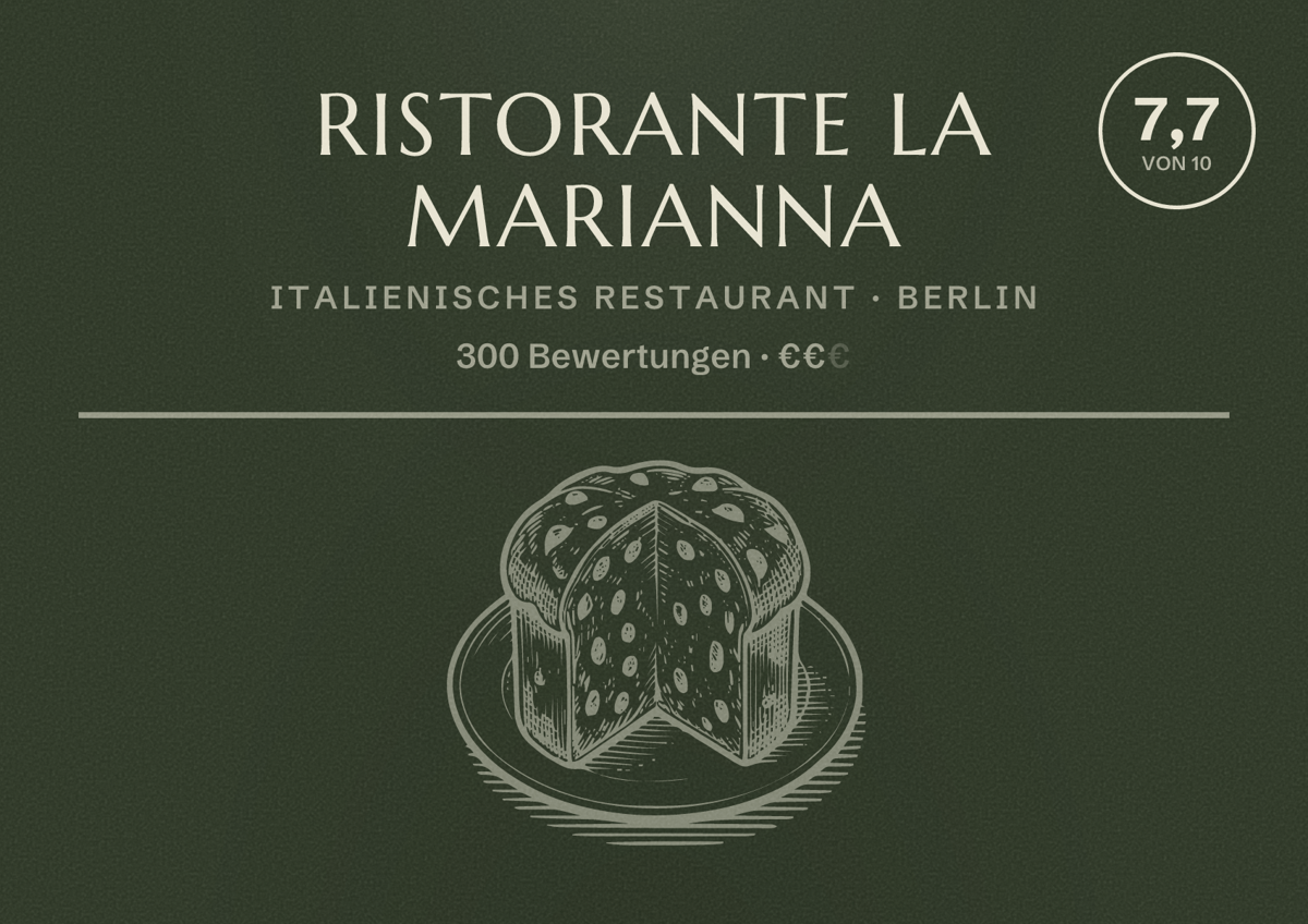 Illustriertes Poster von Ristorante La Marianna, Italienisches Restaurant in Berlin: Bewertung 7,7 von 10 aus 300 Bewertungen, Preisniveau €€