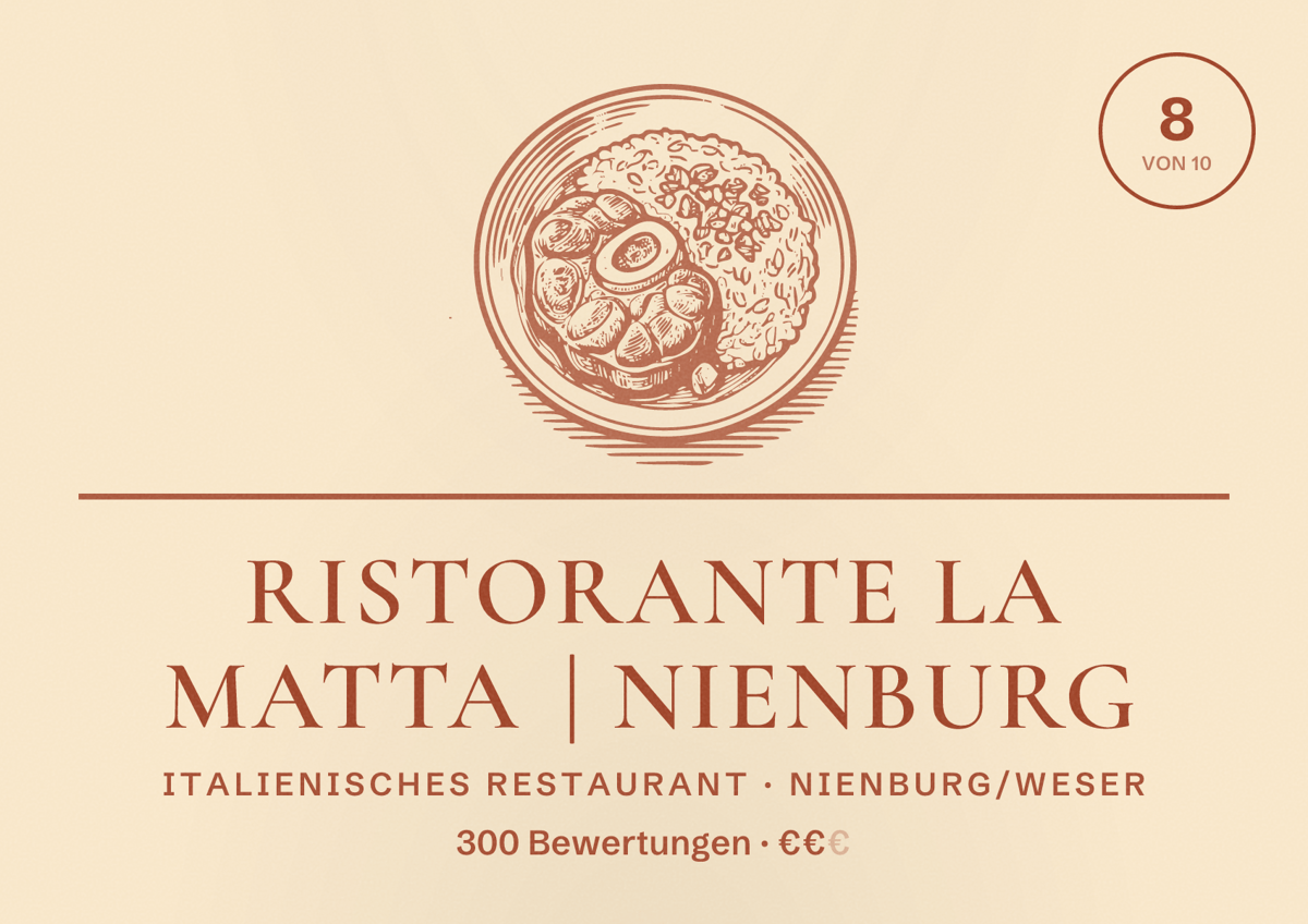 Illustriertes Poster von Ristorante la Matta | Nienburg, Italienisches Restaurant in Nienburg/Weser: Bewertung 8 von 10 aus 300 Bewertungen, Preisniveau €€