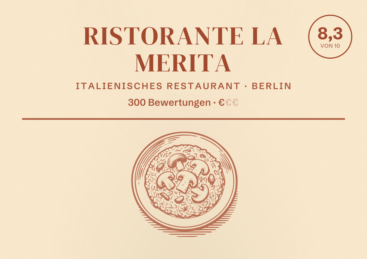 Illustriertes Poster von Ristorante La Merita, Italienisches Restaurant in Berlin: Bewertung 8,3 von 10 aus 300 Bewertungen, Preisniveau €