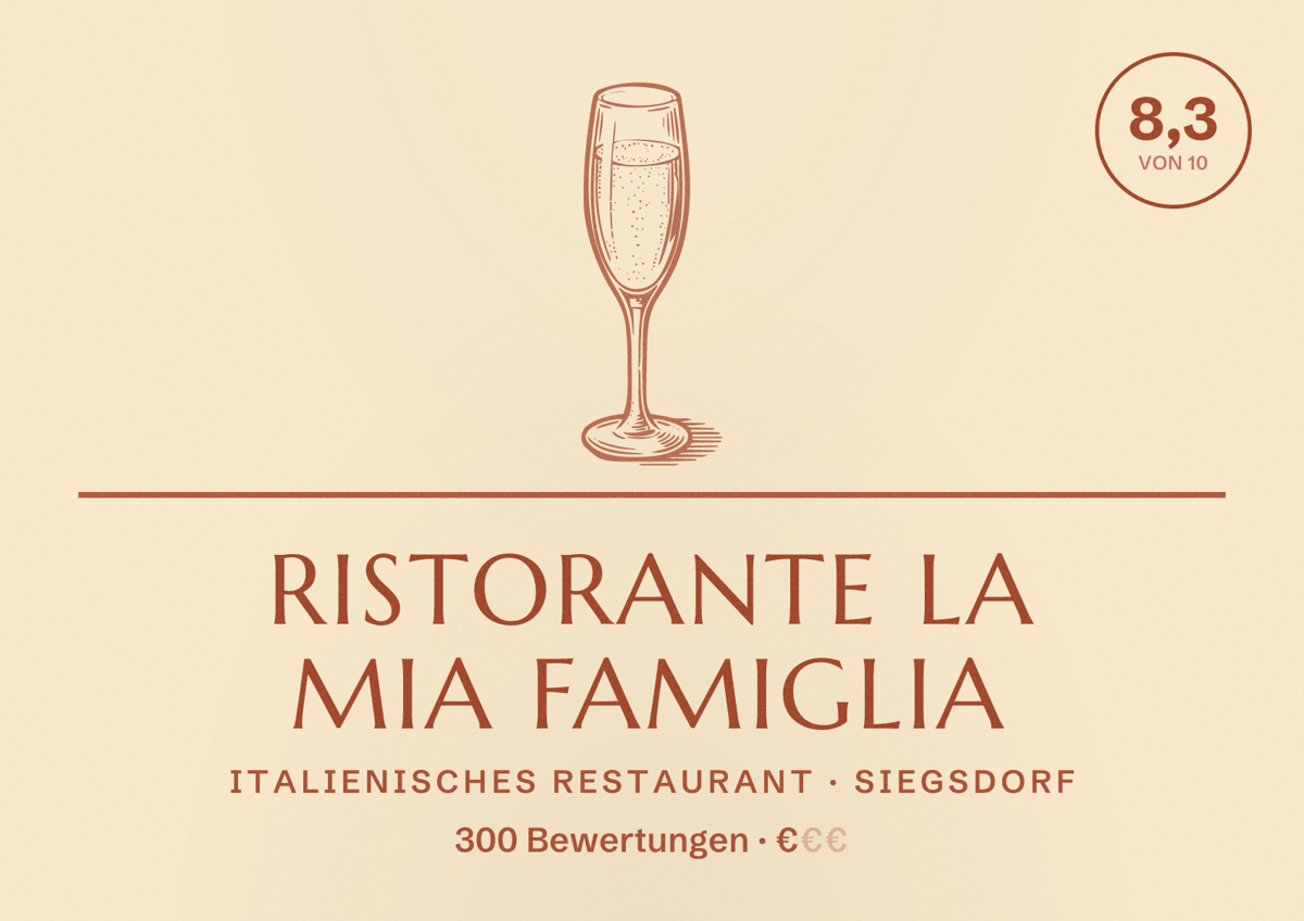 Illustriertes Poster von Ristorante La Mia Famiglia, Italienisches Restaurant in Siegsdorf: Bewertung 8,3 von 10 aus 300 Bewertungen, Preisniveau €