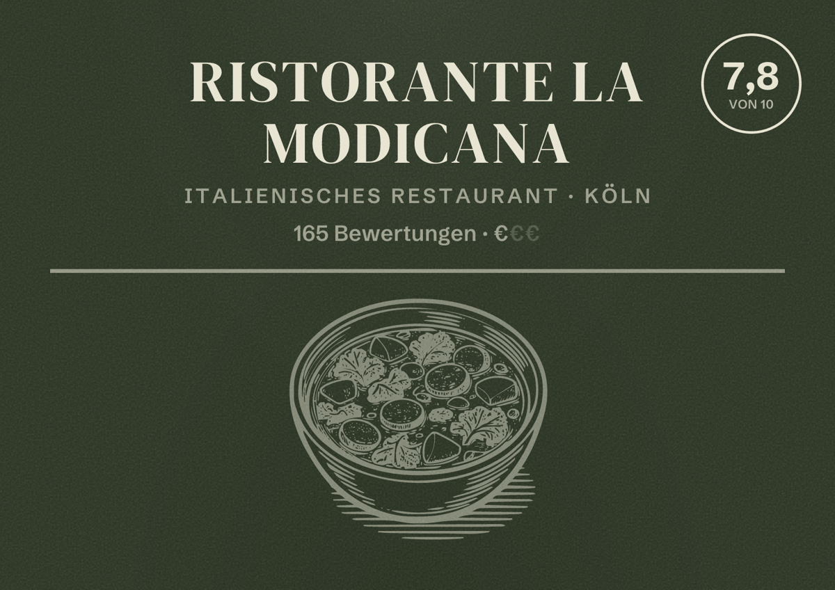 Illustriertes Poster von Ristorante La Modicana, Italienisches Restaurant in Köln: Bewertung 7,8 von 10 aus 165 Bewertungen, Preisniveau €