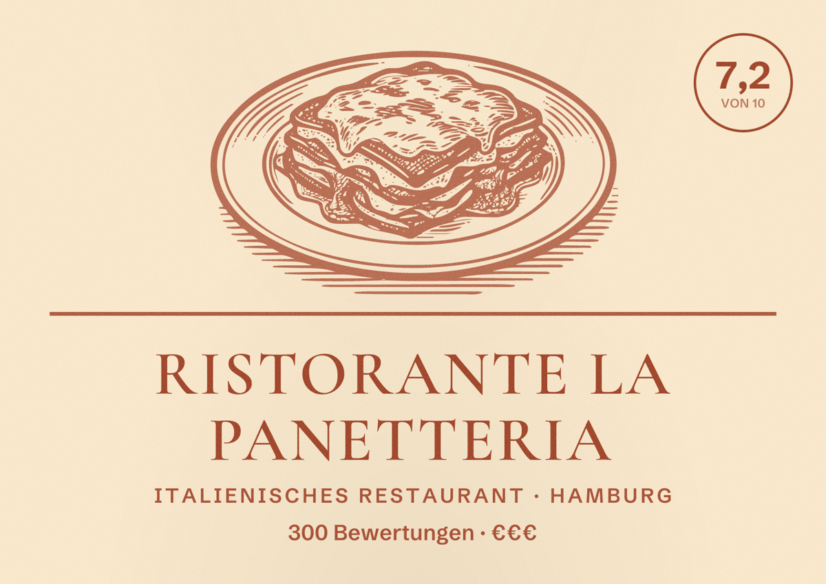 Illustriertes Poster von Ristorante La Panetteria, Italienisches Restaurant in Hamburg: Bewertung 7,2 von 10 aus 300 Bewertungen, Preisniveau €€€