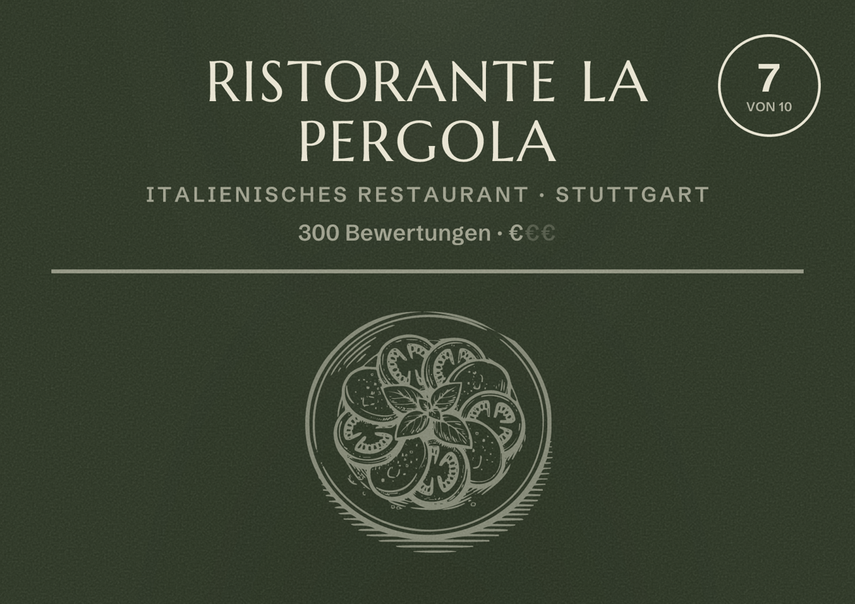 Illustriertes Poster von Ristorante La Pergola, Italienisches Restaurant in Stuttgart: Bewertung 7,0 von 10 aus 300 Bewertungen, Preisniveau €