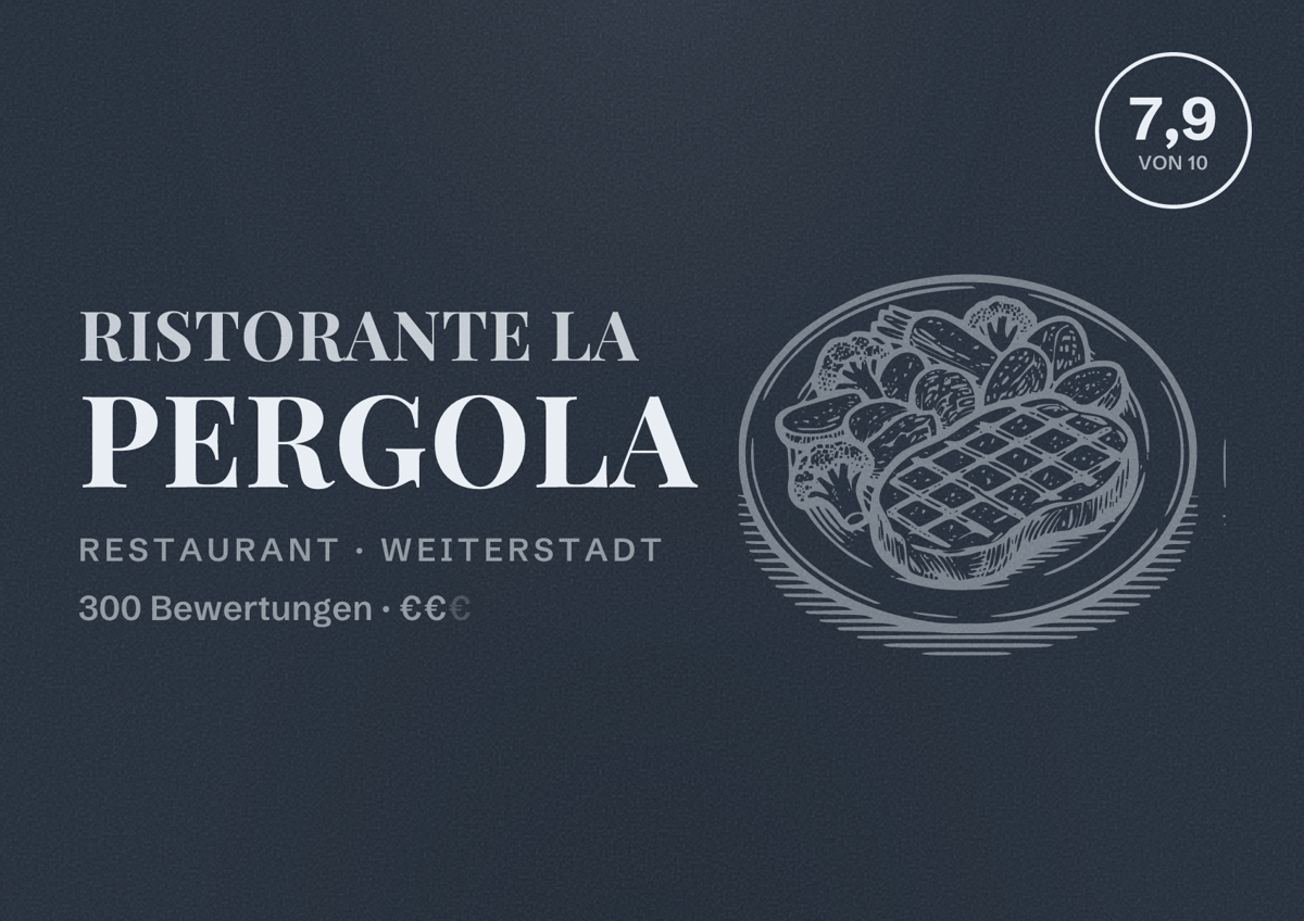 Illustriertes Poster von Ristorante La Pergola, Restaurant in Weiterstadt: Bewertung 7,9 von 10 aus 300 Bewertungen, Preisniveau €€