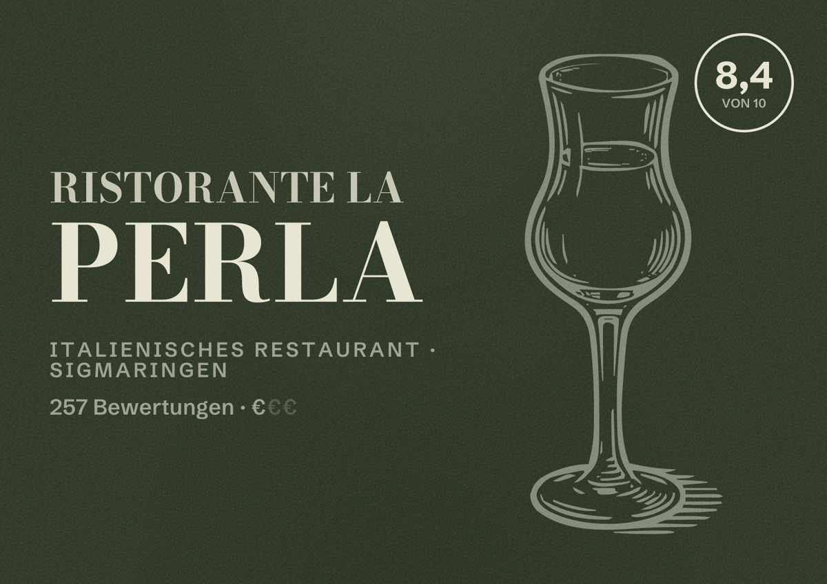 Illustriertes Poster von Ristorante La Perla, Italienisches Restaurant in Sigmaringen: Bewertung 8,4 von 10 aus 257 Bewertungen, Preisniveau €