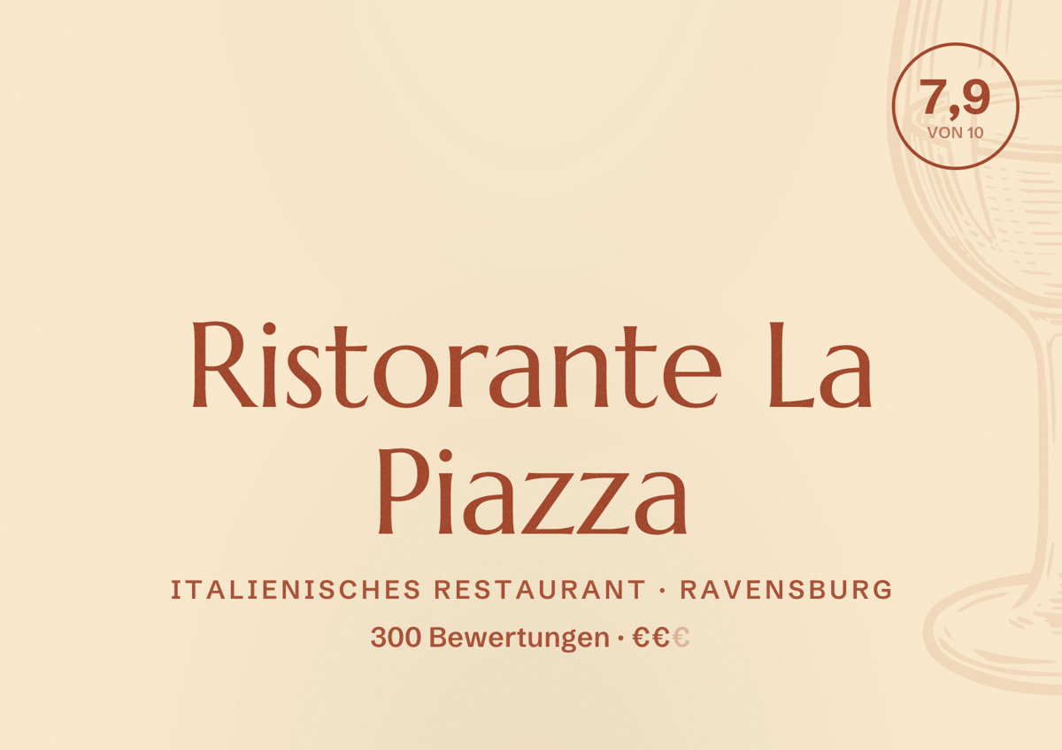Illustriertes Poster von Ristorante La Piazza, Italienisches Restaurant in Ravensburg: Bewertung 7,9 von 10 aus 300 Bewertungen, Preisniveau €€