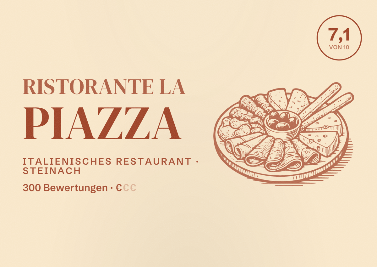 Illustriertes Poster von Ristorante La Piazza, Italienisches Restaurant in Steinach: Bewertung 7,1 von 10 aus 300 Bewertungen, Preisniveau €