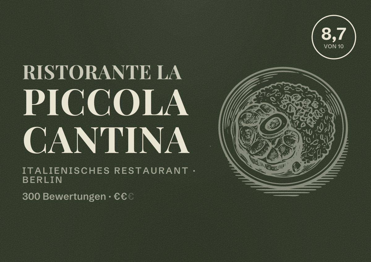 Illustriertes Poster von Ristorante La Piccola Cantina, Italienisches Restaurant in Berlin: Bewertung 8,7 von 10 aus 300 Bewertungen, Preisniveau €€