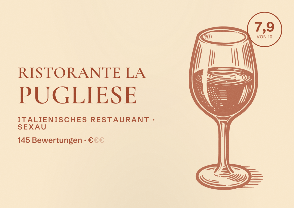Illustriertes Poster von RISTORANTE LA PUGLIESE, Italienisches Restaurant in Sexau: Bewertung 7,9 von 10 aus 145 Bewertungen, Preisniveau €