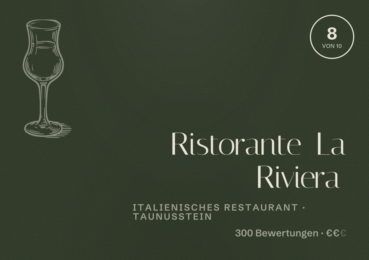 Illustriertes Poster von Ristorante La Riviera, Italienisches Restaurant in Taunusstein: Bewertung 8 von 10 aus 300 Bewertungen, Preisniveau €€