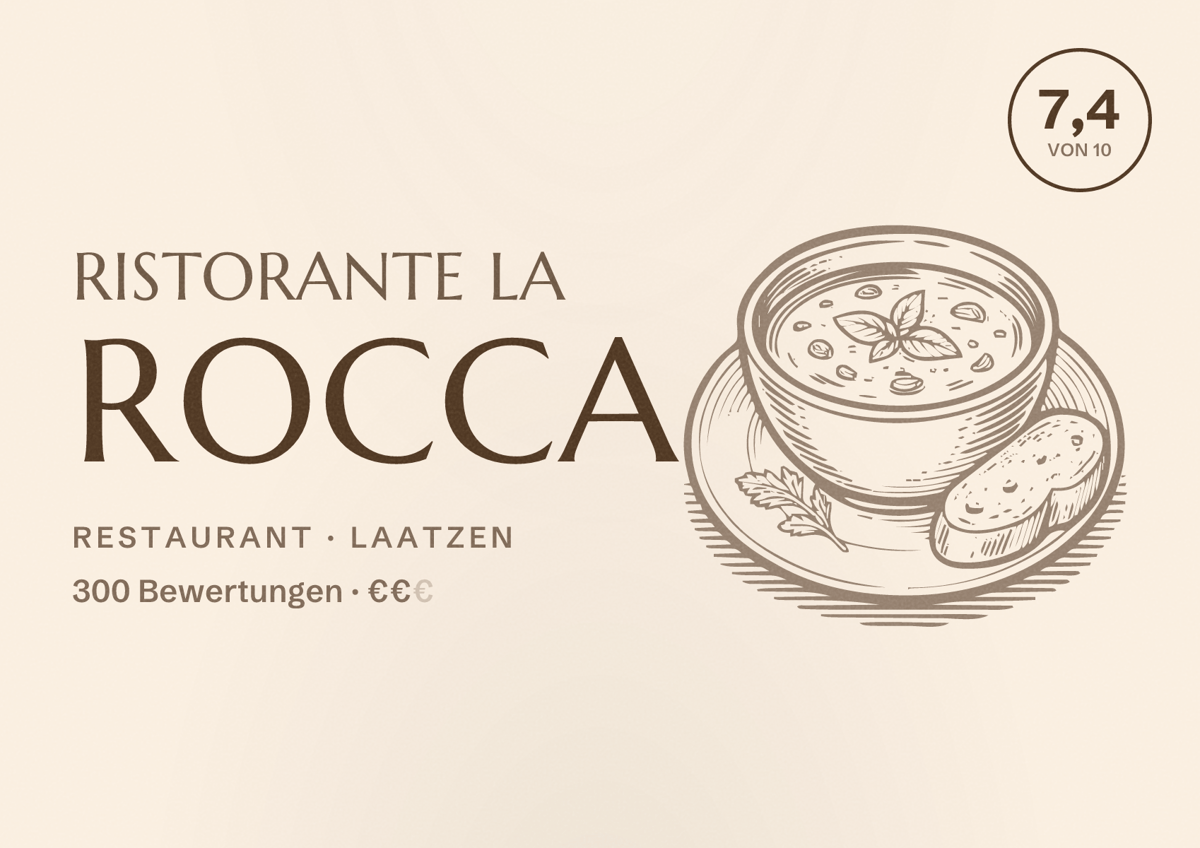 Illustriertes Poster von Ristorante La Rocca, Restaurant in Laatzen: Bewertung 7,4 von 10 aus 300 Bewertungen, Preisniveau €€