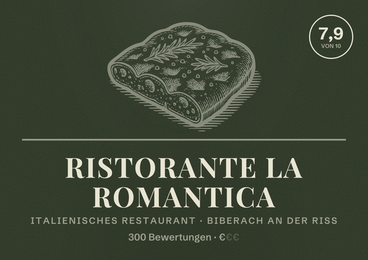 Illustriertes Poster von Ristorante La Romantica, Italienisches Restaurant in Biberach an der Riß: Bewertung 7,9 von 10 aus 300 Bewertungen, Preisniveau €