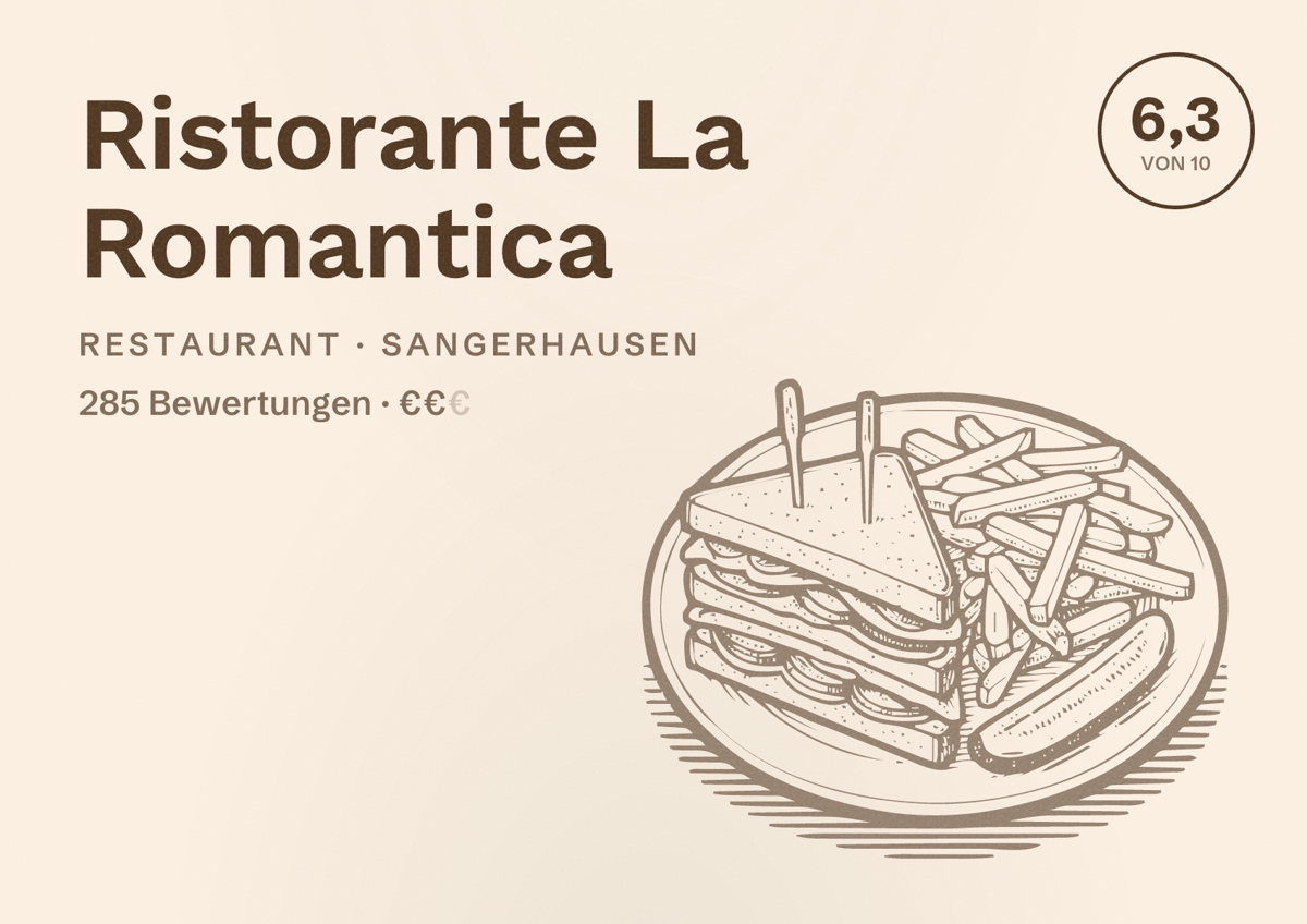 Illustriertes Poster von Ristorante La Romantica, Restaurant in Sangerhausen: Bewertung 6,3 von 10 aus 285 Bewertungen, Preisniveau €€