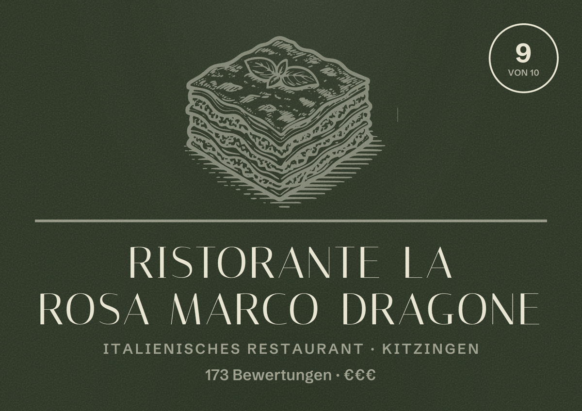 Illustriertes Poster von Ristorante la Rosa Marco Dragone, Italienisches Restaurant in Kitzingen: Bewertung 9 von 10 aus 173 Bewertungen, Preisniveau €€€