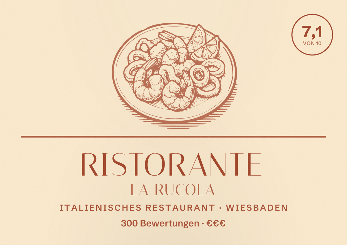 Illustriertes Poster von Ristorante La Rucola, Italienisches Restaurant in Wiesbaden: Bewertung 7,1 von 10 aus 300 Bewertungen, Preisniveau €€€