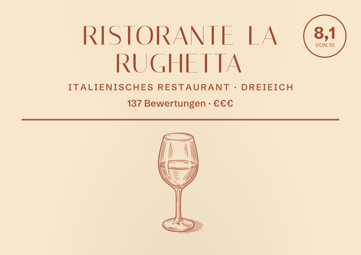 Illustriertes Poster von Ristorante La Rughetta, Italienisches Restaurant in Dreieich: Bewertung 8,1 von 10 aus 137 Bewertungen, Preisniveau €€€