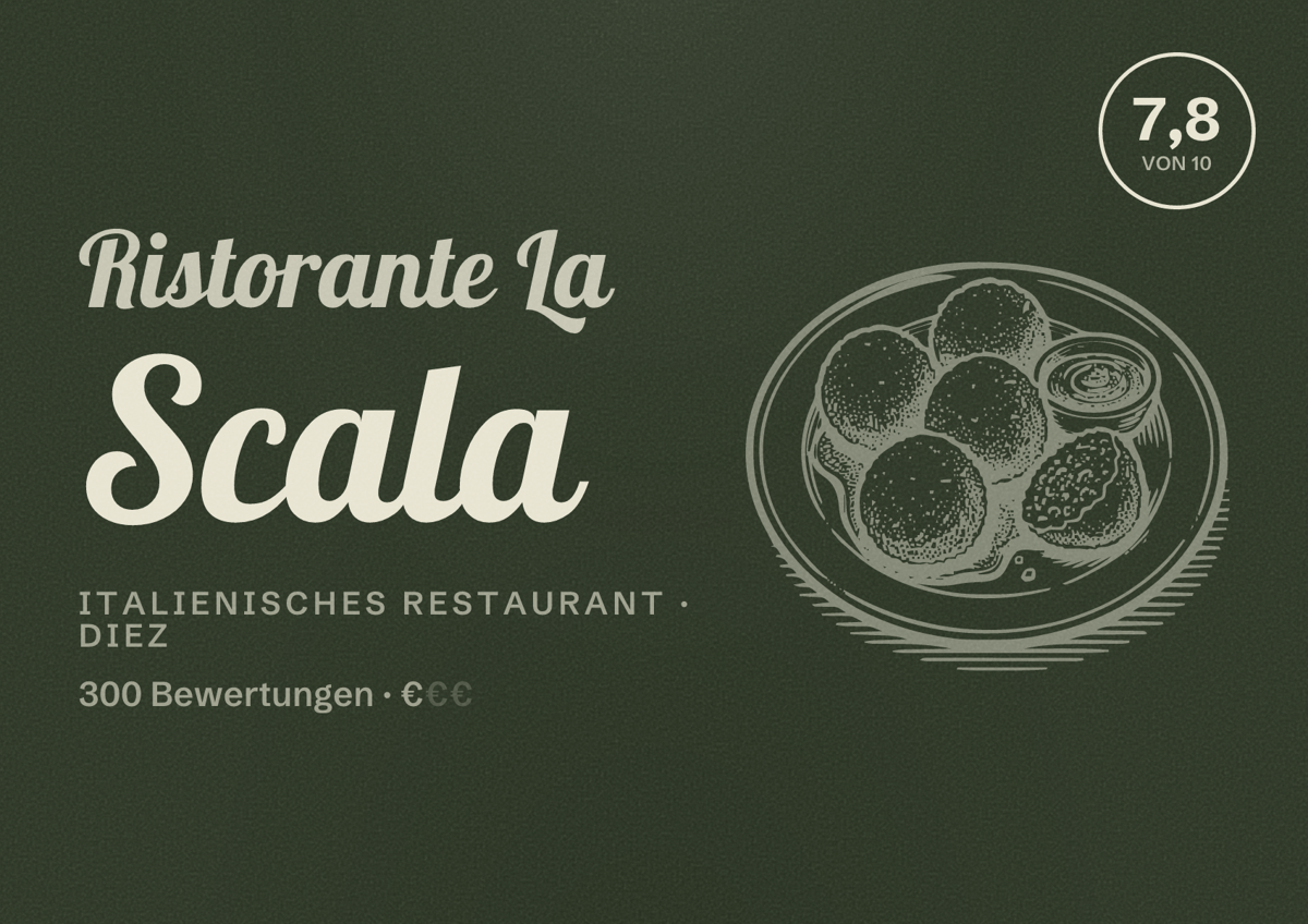 Illustriertes Poster von Ristorante La Scala, Italienisches Restaurant in Diez: Bewertung 7,8 von 10 aus 300 Bewertungen, Preisniveau €