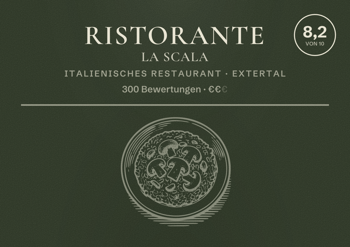 Illustriertes Poster von Ristorante La Scala, Italienisches Restaurant in Extertal: Bewertung 8,2 von 10 aus 300 Bewertungen, Preisniveau €€