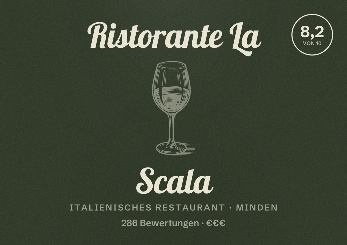 Illustriertes Poster von Ristorante La Scala, Italienisches Restaurant in Minden: Bewertung 8,2 von 10 aus 286 Bewertungen, Preisniveau €€€