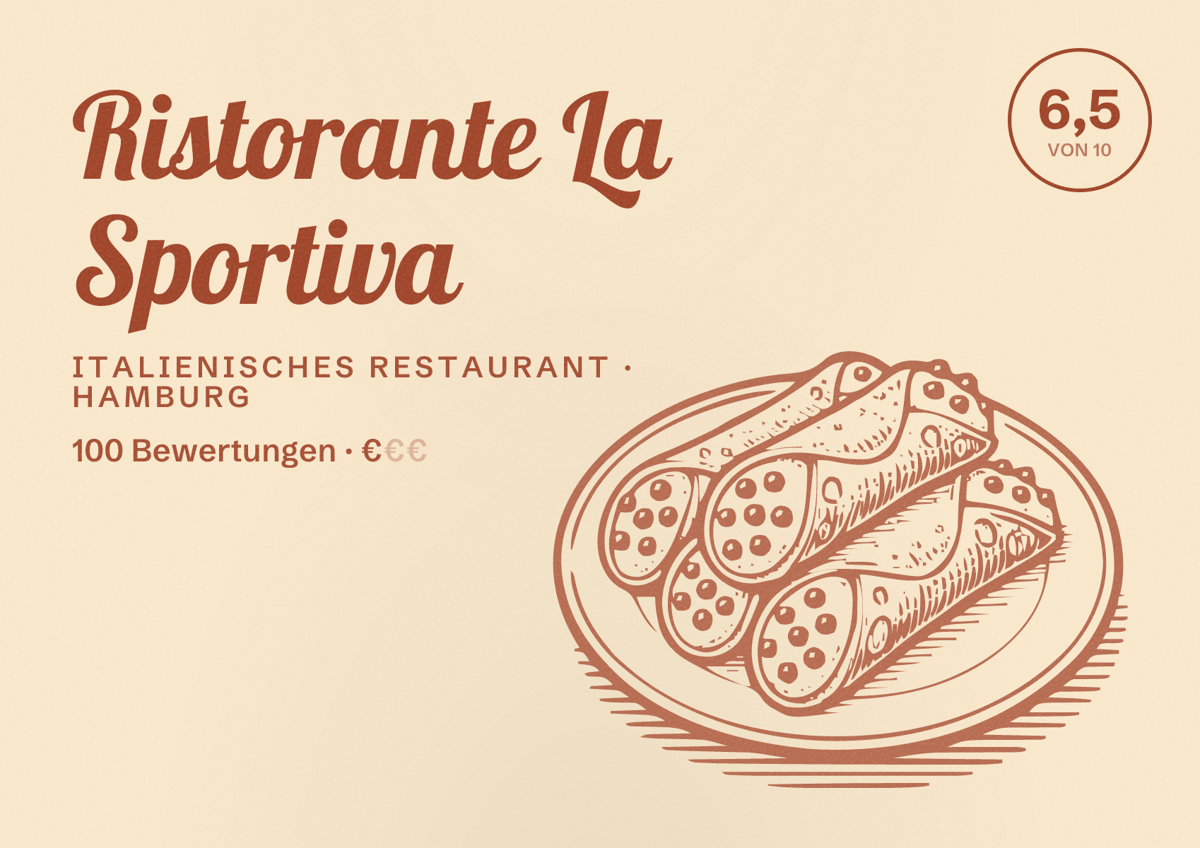 Illustriertes Poster von Ristorante La Sportiva, Italienisches Restaurant in Hamburg: Bewertung 6,5 von 10 aus 100 Bewertungen, Preisniveau €
