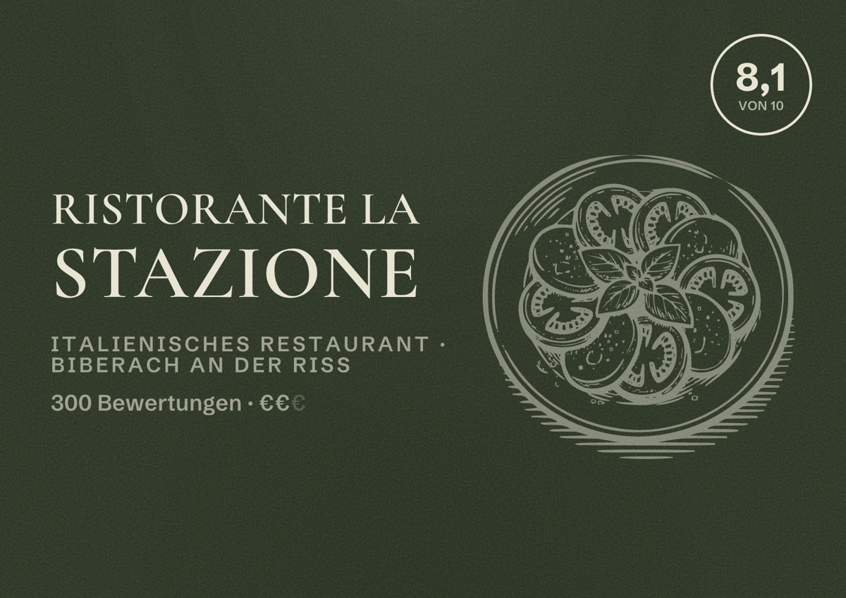 Illustriertes Poster von Ristorante La Stazione, Italienisches Restaurant in Biberach an der Riß: Bewertung 8,1 von 10 aus 300 Bewertungen, Preisniveau €€