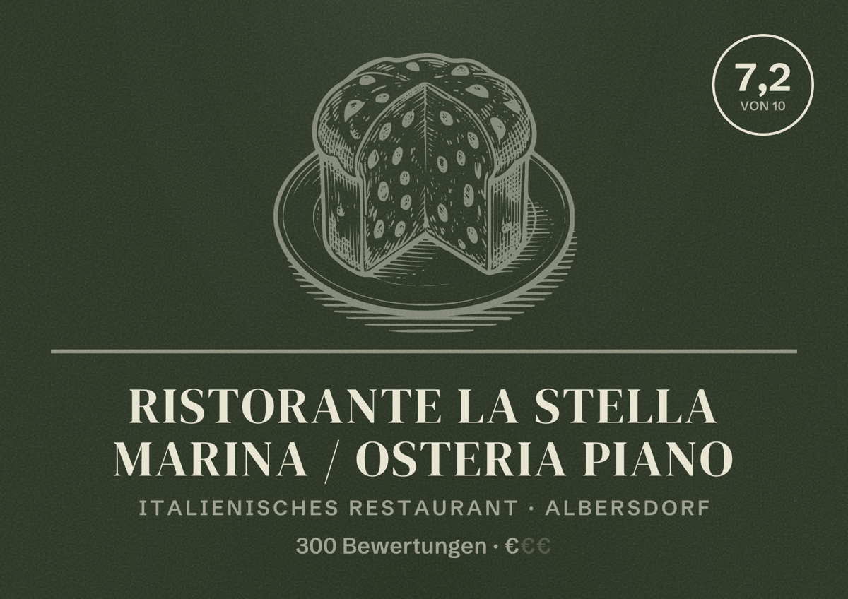 Illustriertes Poster von Ristorante La Stella Marina / Osteria Piano, Italienisches Restaurant in Albersdorf: Bewertung 7,2 von 10 aus 300 Bewertungen, Preisniveau €